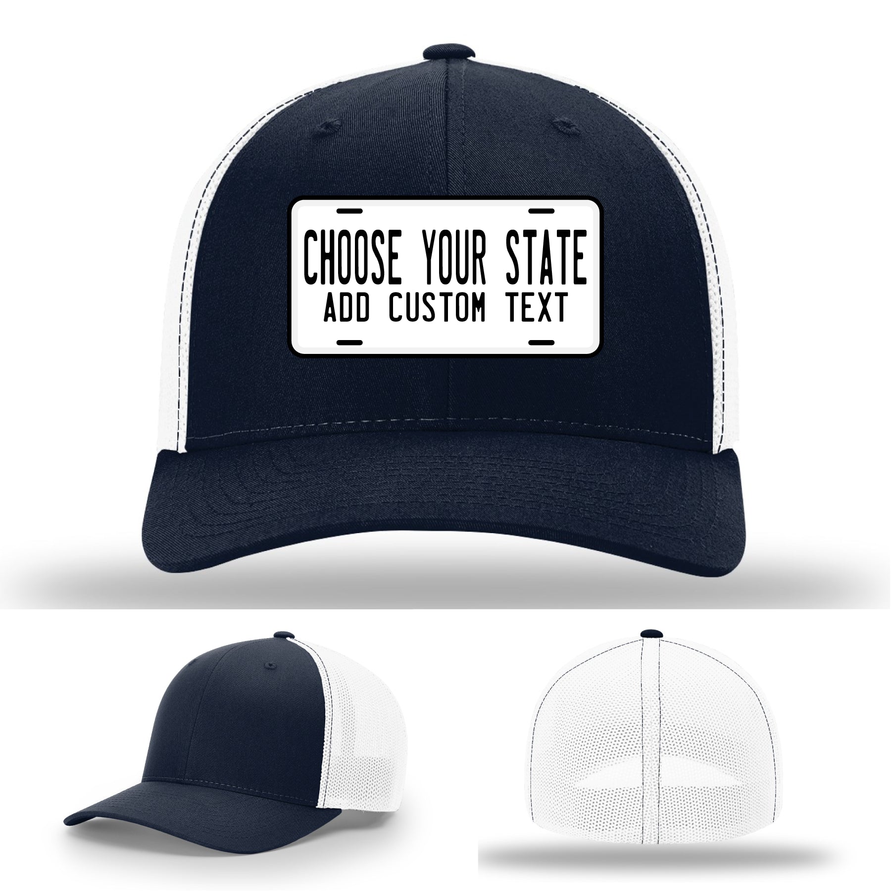 Multiple license plate leather patch hats shown together