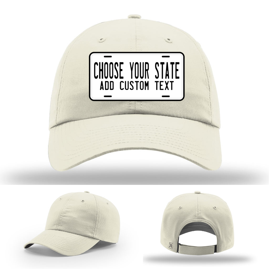 License plate leather patch hats with custom text options