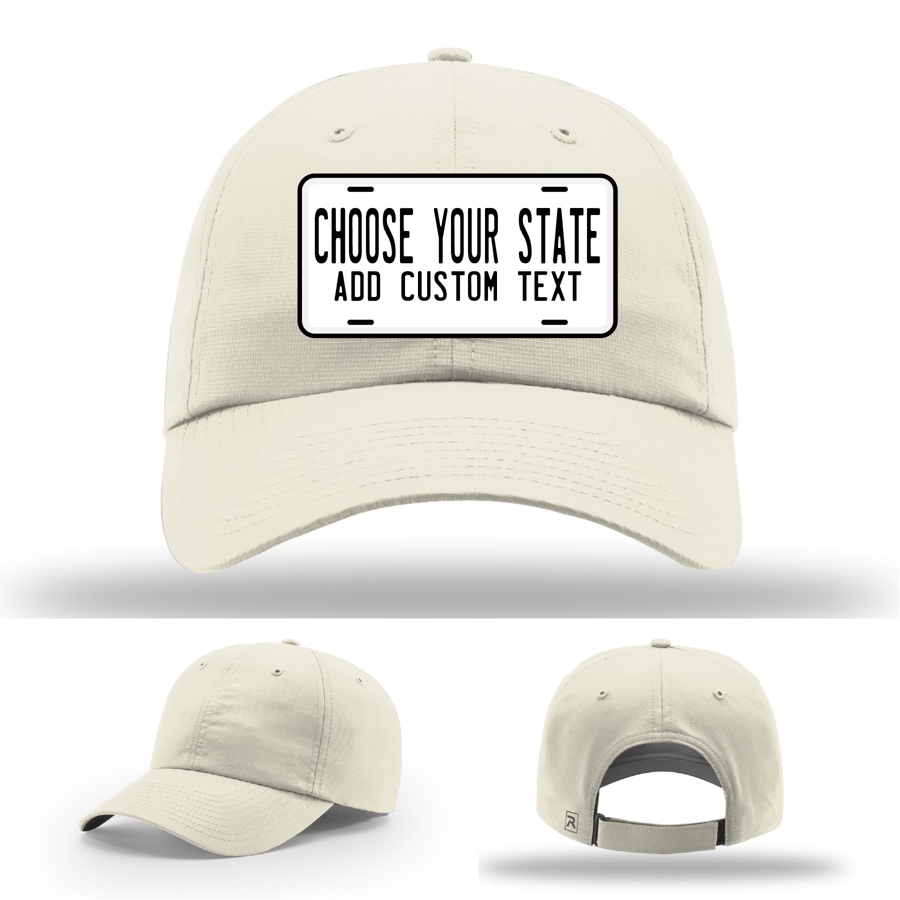 License plate leather patch hats with custom text options