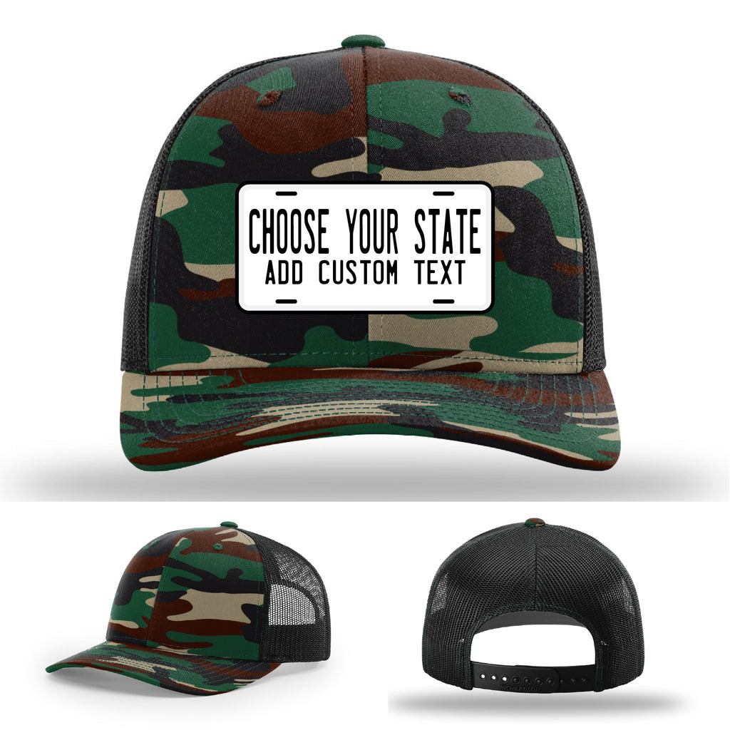 Personalized hats featuring colorful license plate patch