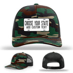 Personalized hats featuring colorful license plate patch