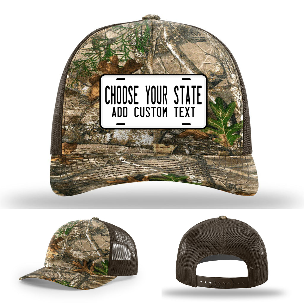 State license plate leather patch hats in custom styles