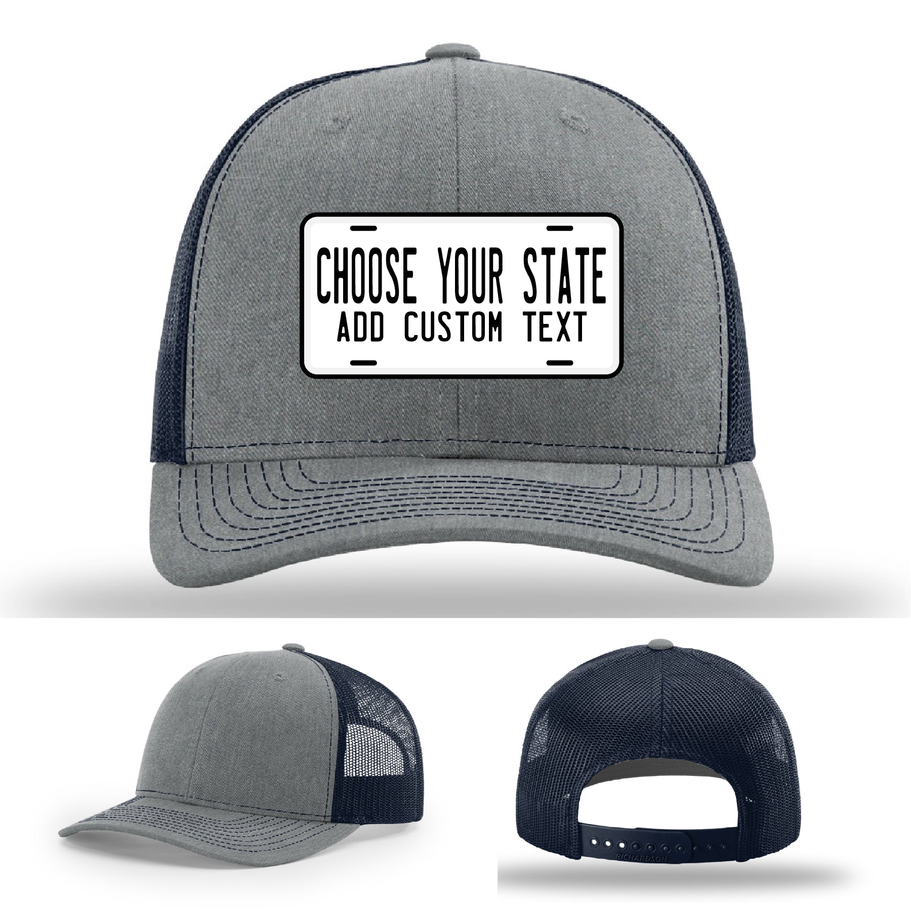 Richardson hats showing custom license plate patches