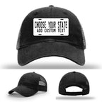 Personalized hats featuring license plate leather patch artwork