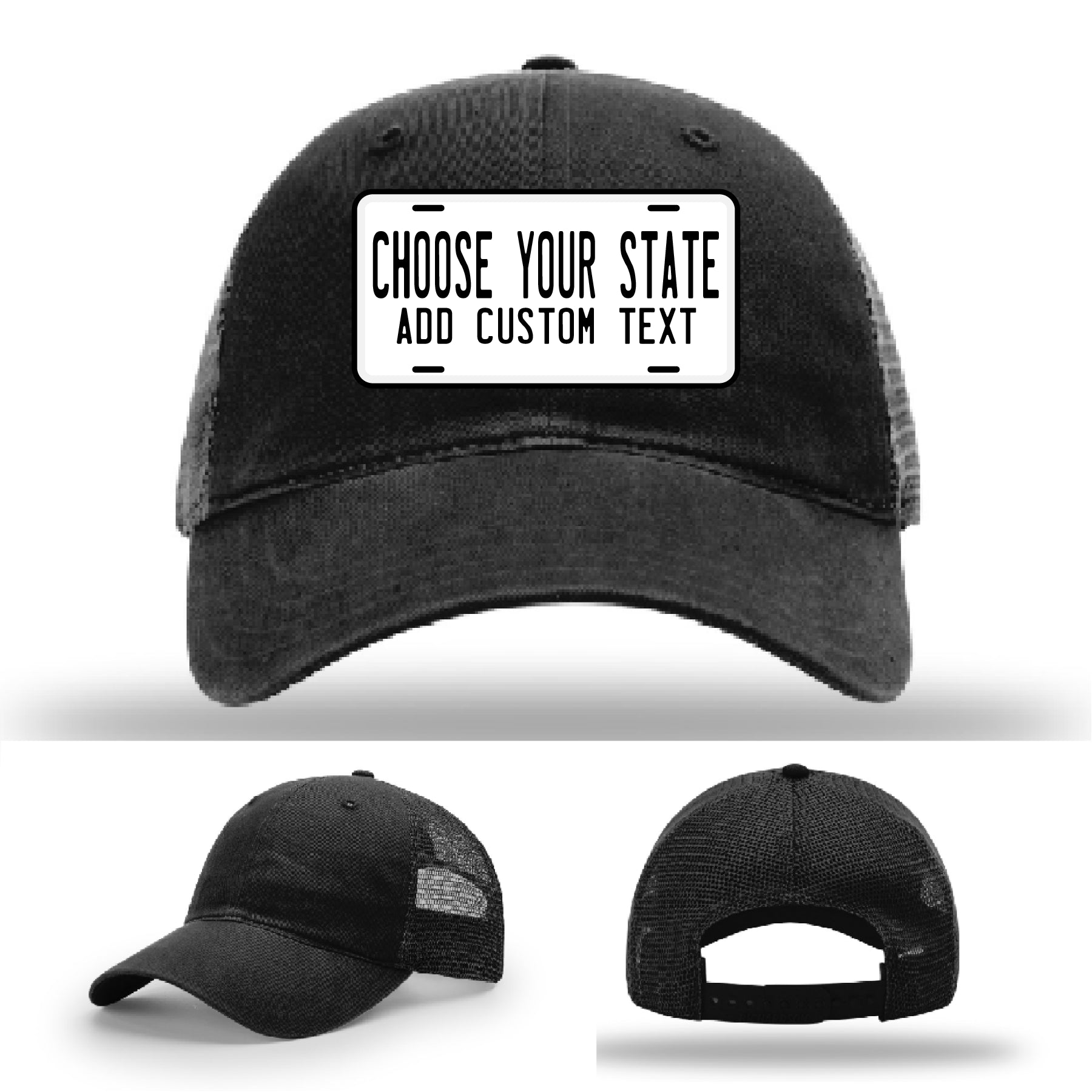 Personalized hats featuring license plate leather patch artwork