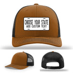 Multiple state license plate leather patch hats displayed