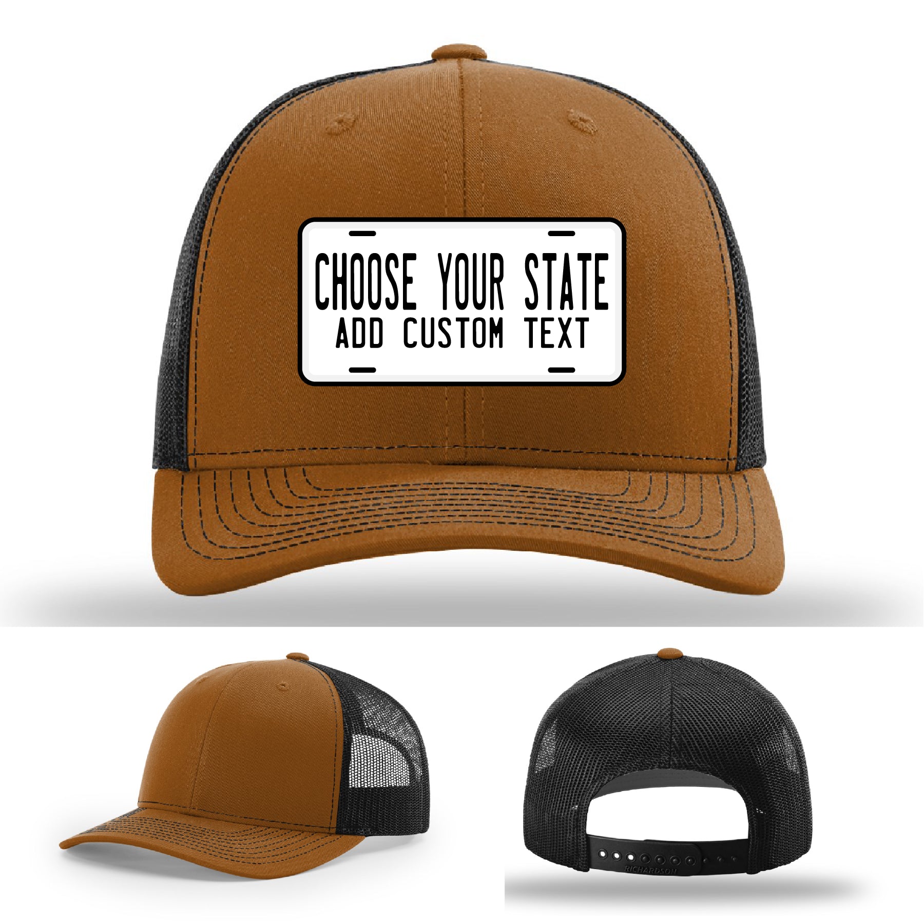 Multiple state license plate leather patch hats displayed