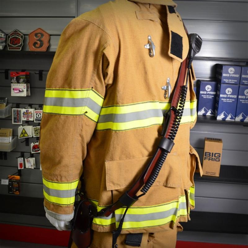 Little River Customs display of firefighter turnout gear with custom leather strap, reflecting craftsmanship and durability