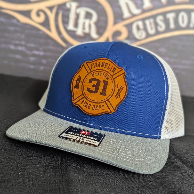 Custom firefighter hat with Maltese Cross leather patch
