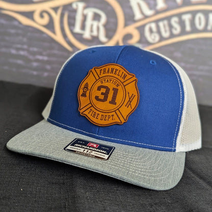 Custom firefighter hat with Maltese Cross leather patch