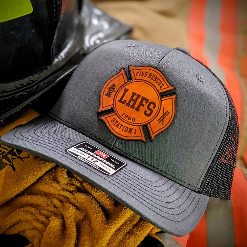 Firefighter hat with Maltese Cross leather patch detail