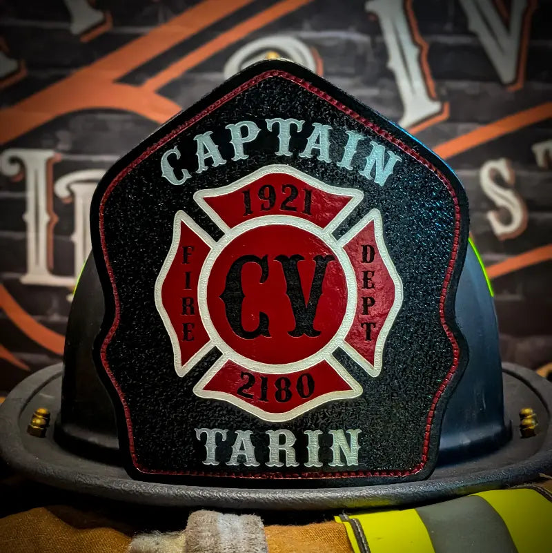 Handcrafted leather Maltese helmet shield for firefighter helmets