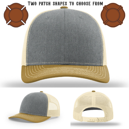 Blank firefighter hat showing two leather patch shape options
