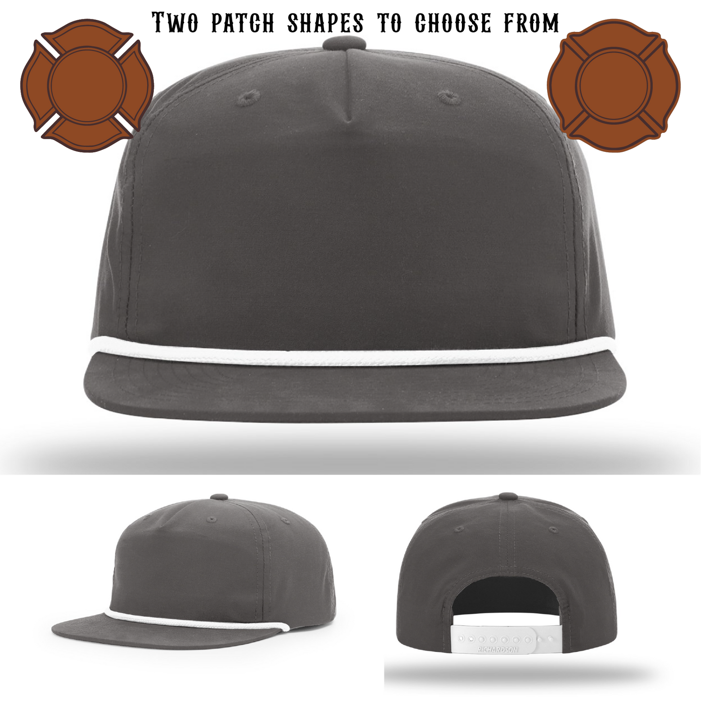 Firefighter hat displayed blank with two patch examples