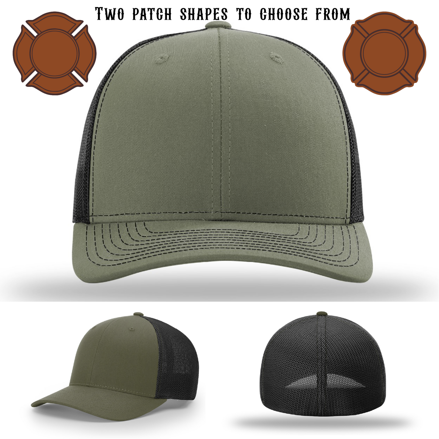 Custom firefighter hat blank showing two patch shapes