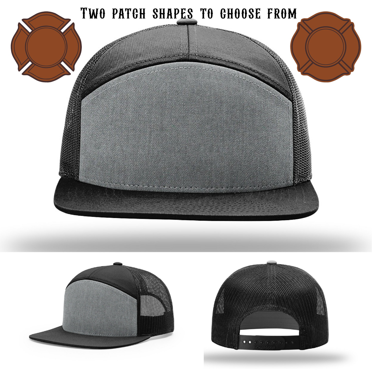 Custom firefighter hat blank with two patch choices shown