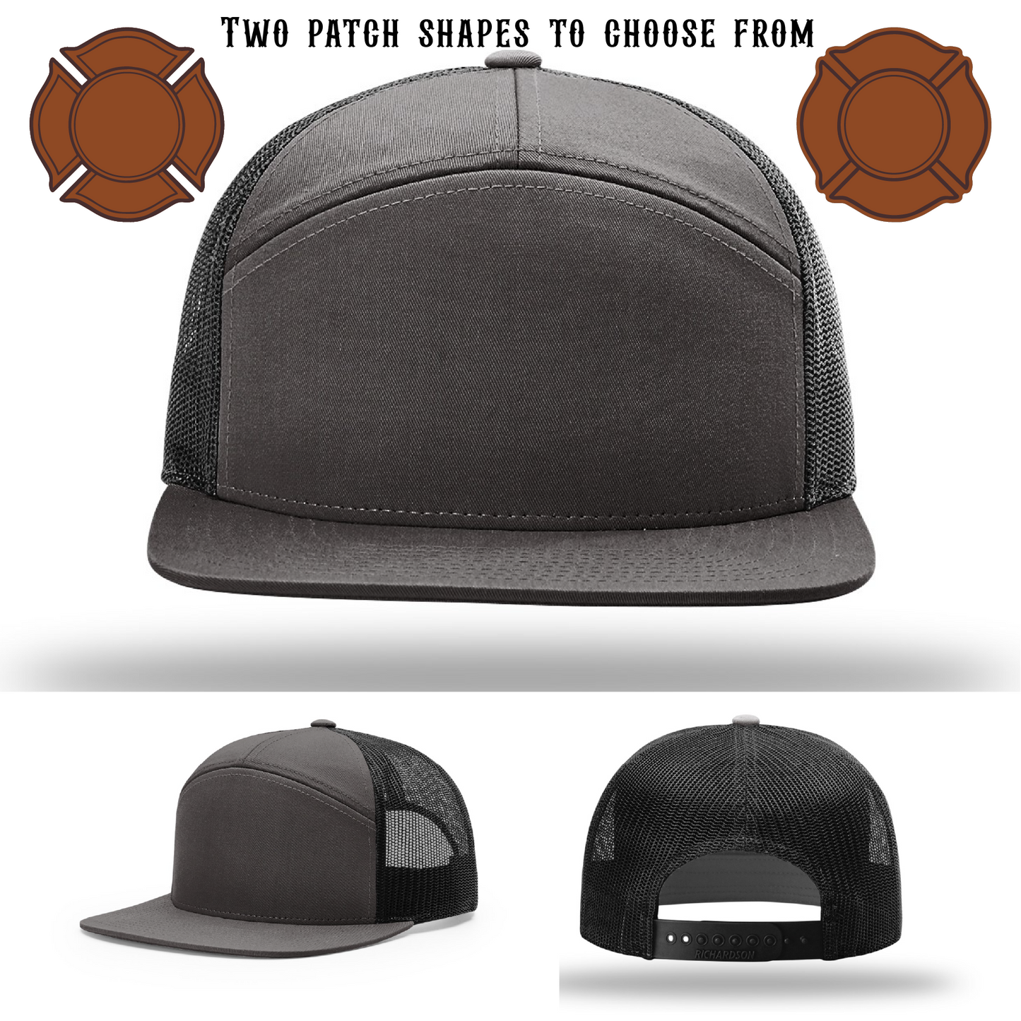 Firefighter hat displayed blank with two leather patch shapes