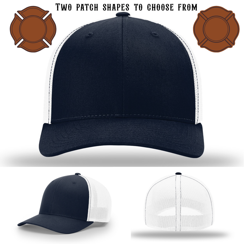 Custom firefighter hat showing two patch style examples