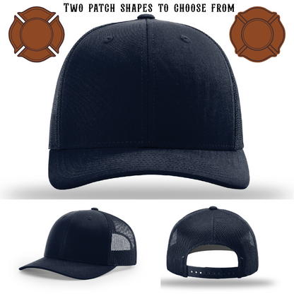 Firefighter hat blank setup with two leather patch shapes