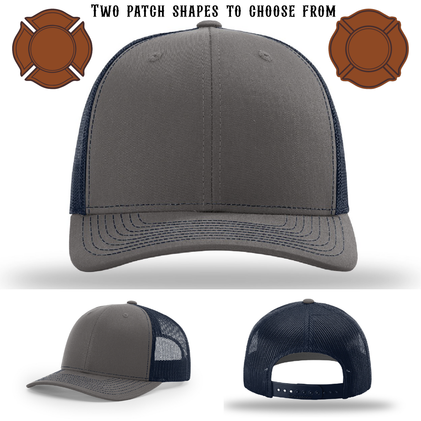 Custom firefighter hat base with two patch shape examples
