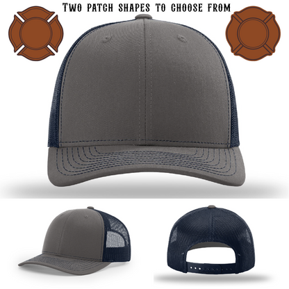Custom firefighter hat base with two patch shape examples
