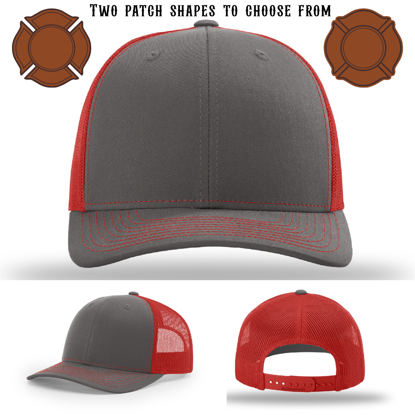 Blank firefighter hat displayed with two patch variations