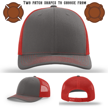Blank firefighter hat displayed with two patch variations