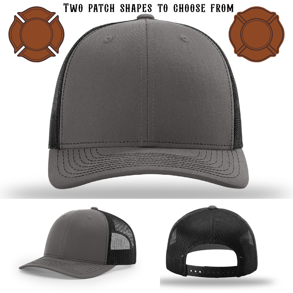 Custom firefighter hat base featuring two patch shapes
