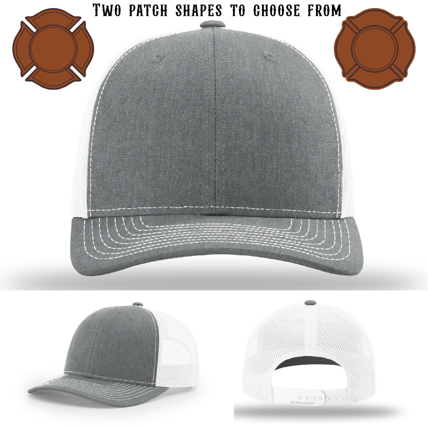 Firefighter hat blank with two leather patch examples