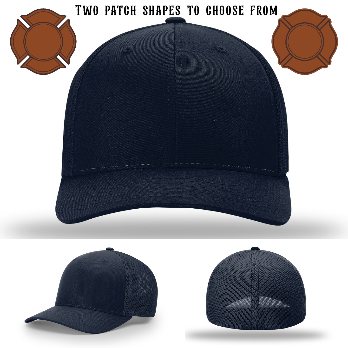 Blank firefighter hat shown with two patch customization options