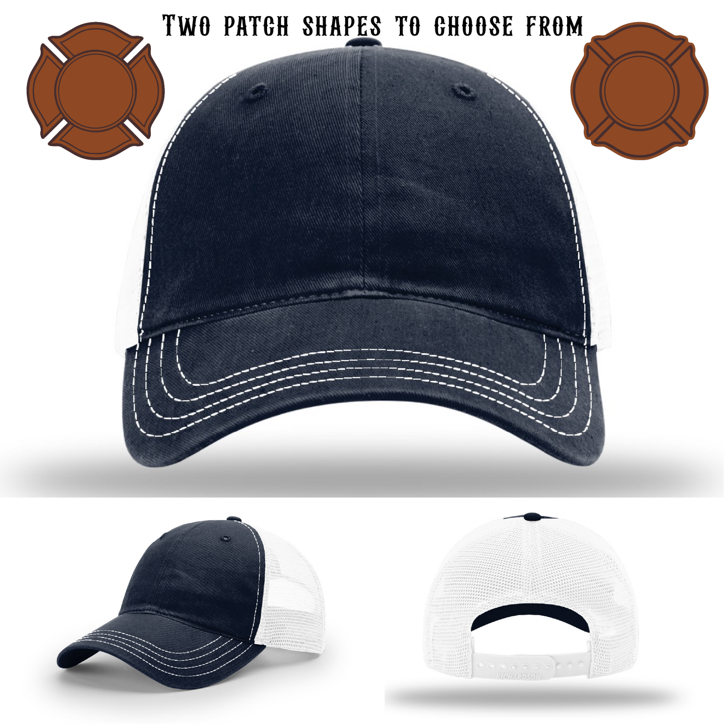 Custom firefighter hat displayed blank with two patch styles