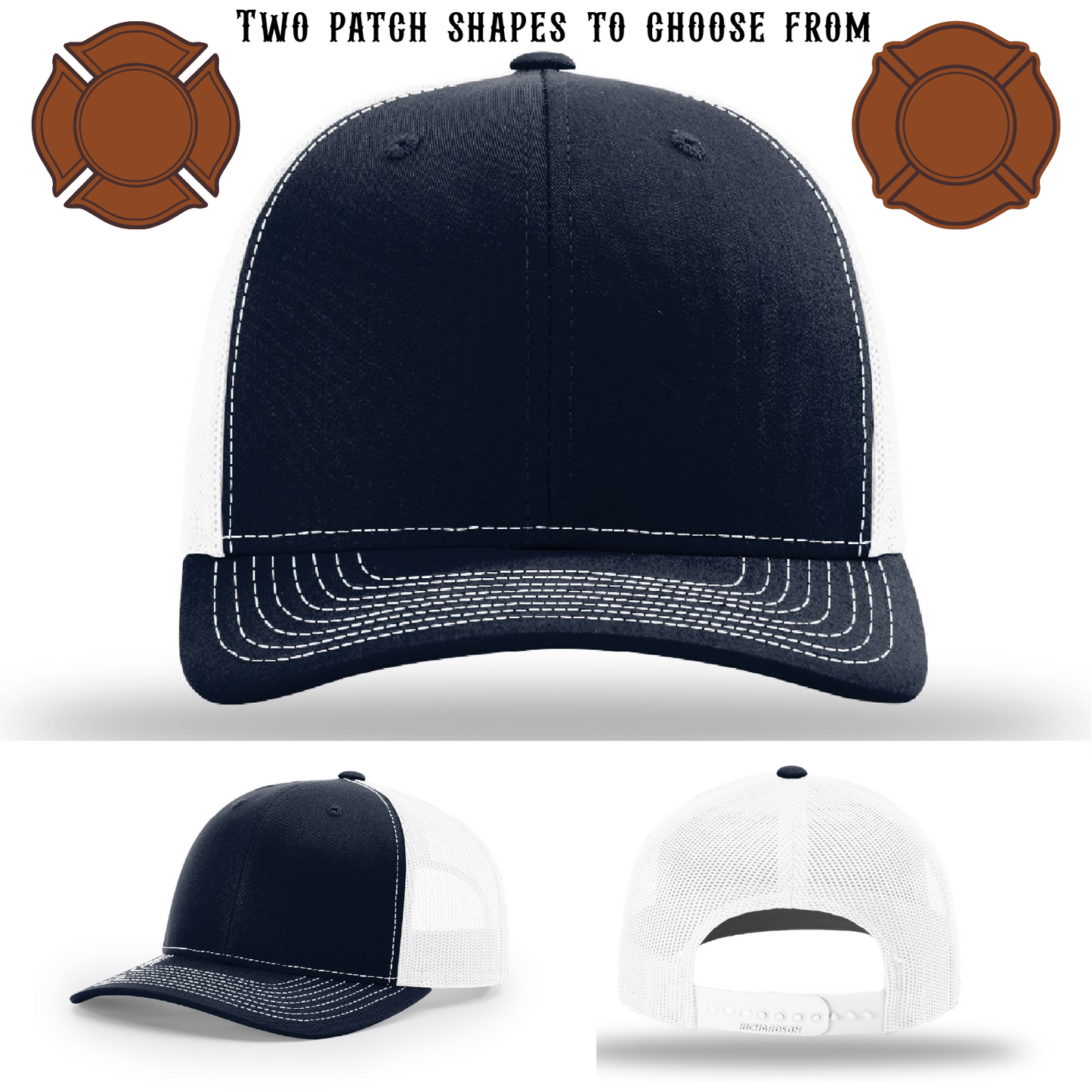 Firefighter hat blank featuring two leather patch variations