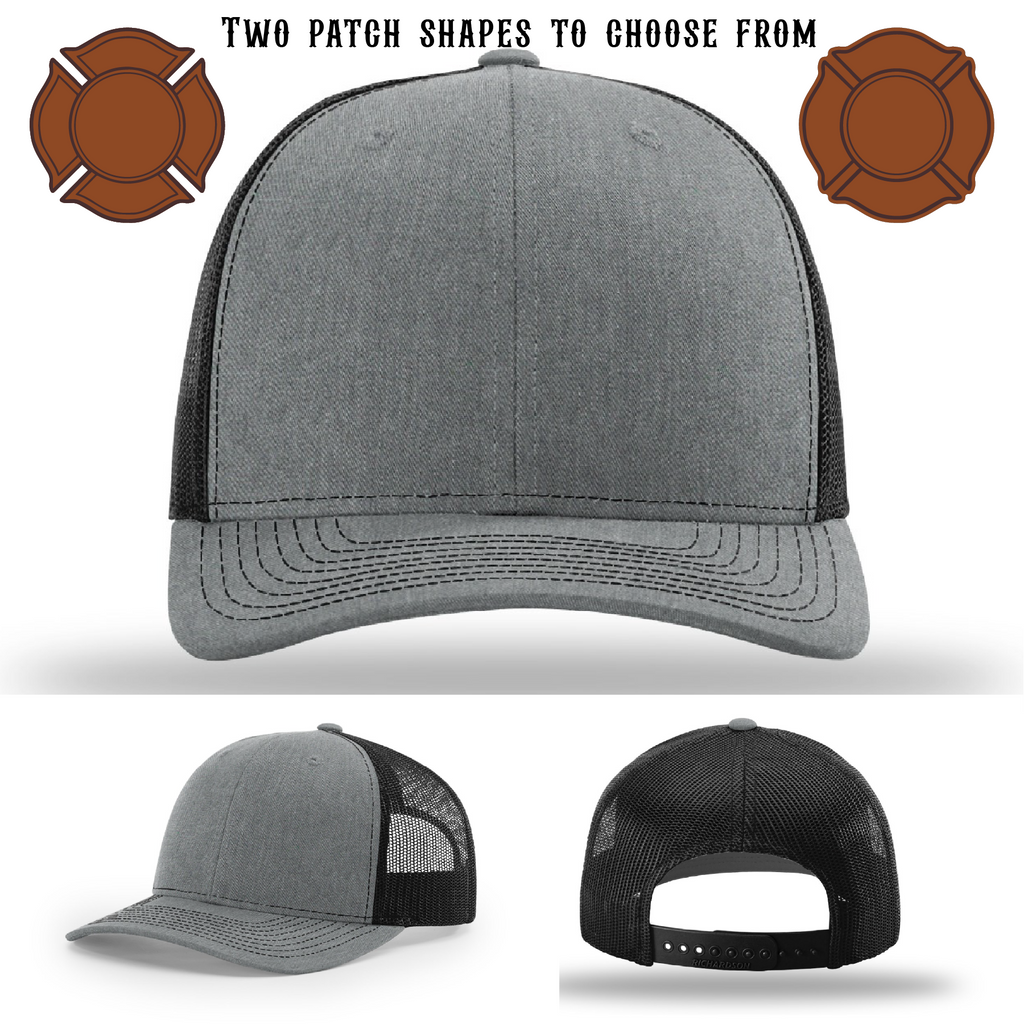 Blank firefighter hat prepared with two patch examples