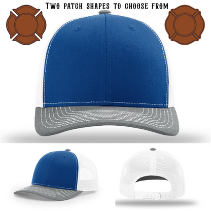 Custom firefighter hat blank showing two patch layouts