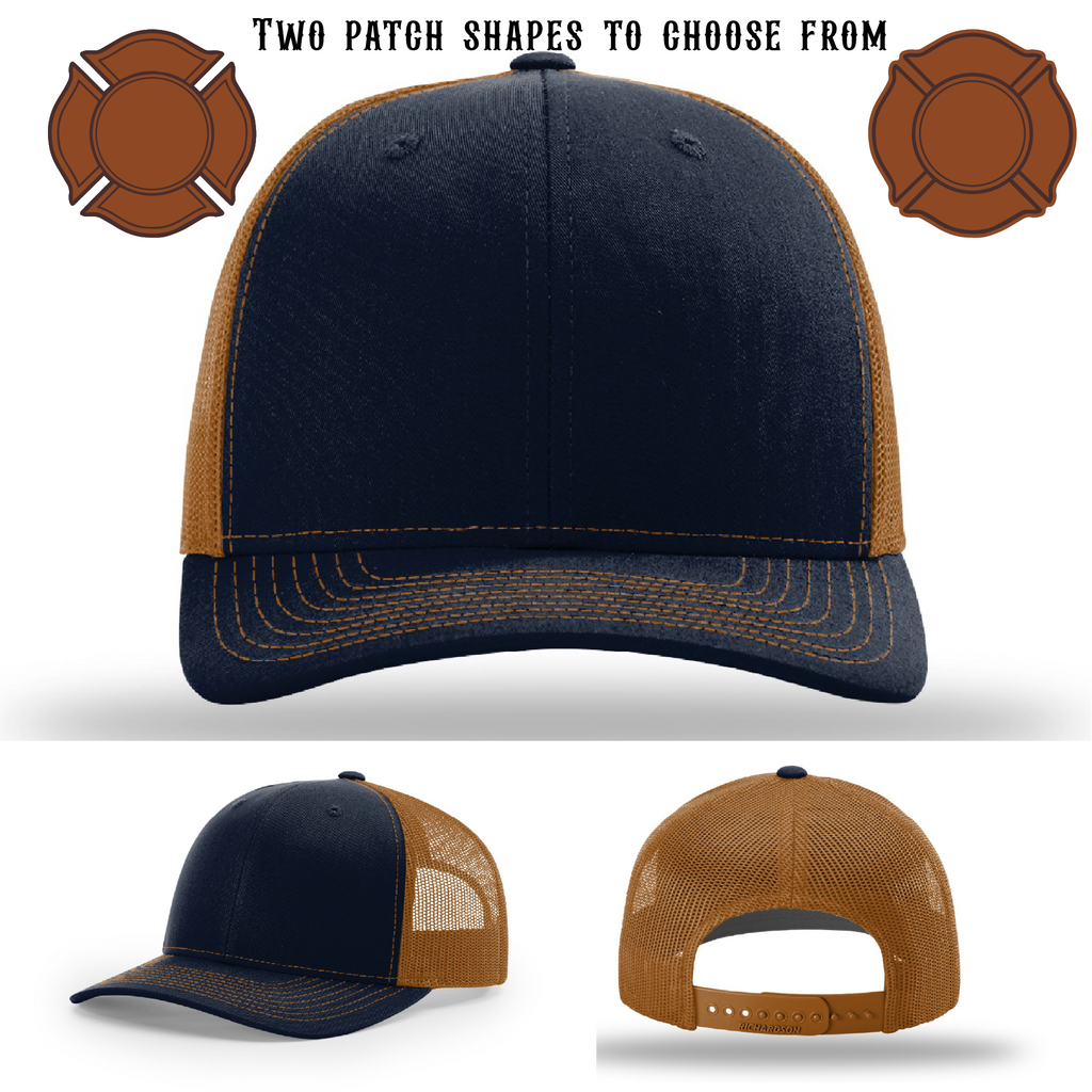 Firefighter hat displayed with two blank patch examples