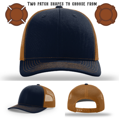 Firefighter hat displayed with two blank patch examples