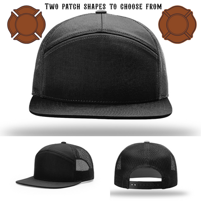 Firefighter hat blank displayed with two patch shapes