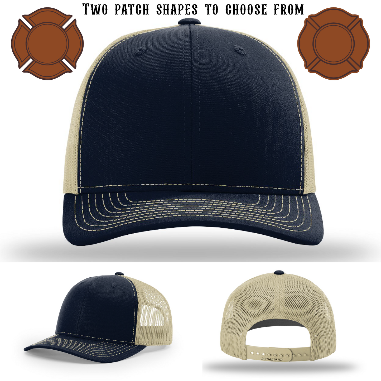 Firefighter hat blank design showing two patch examples