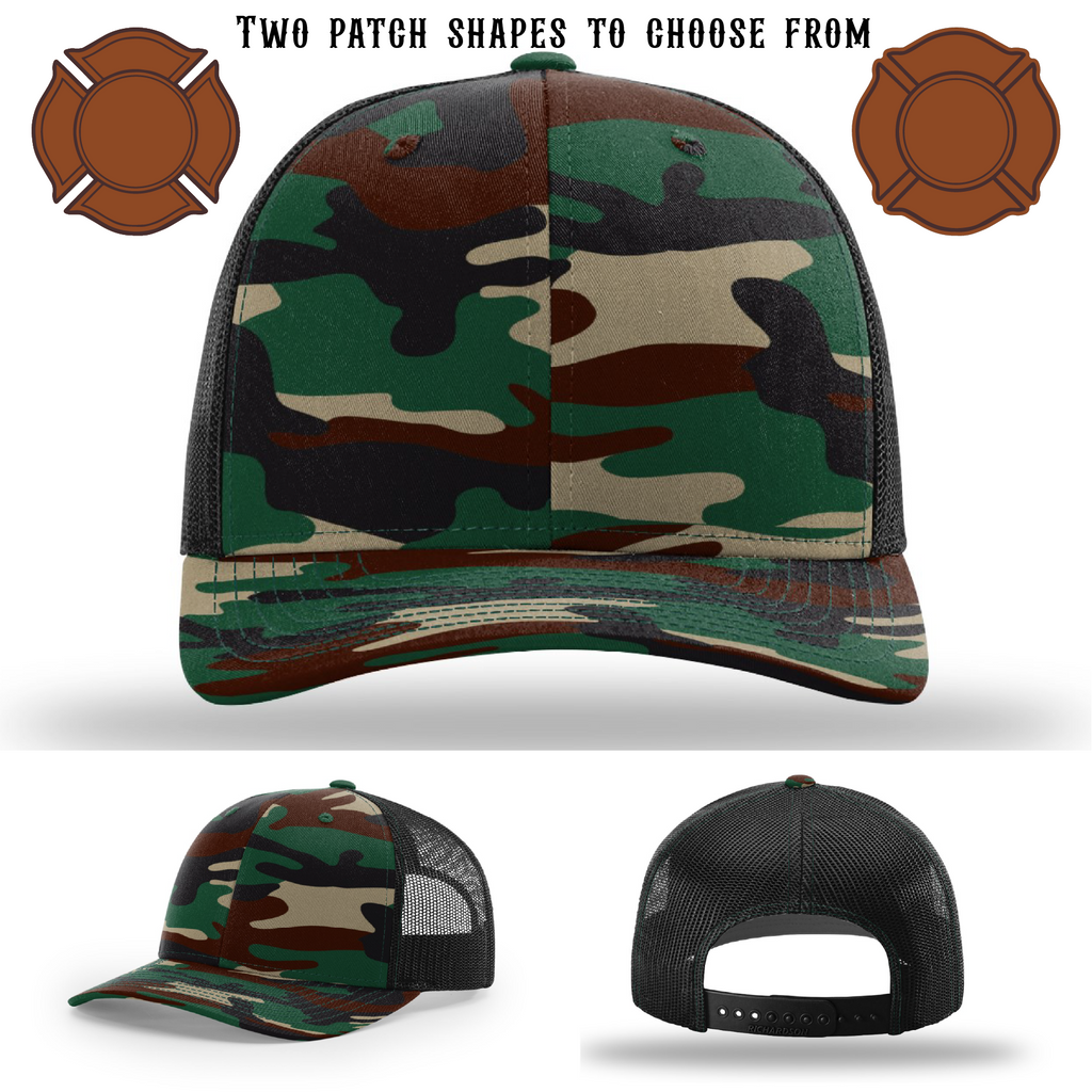 Custom firefighter hat displayed with two patch choices