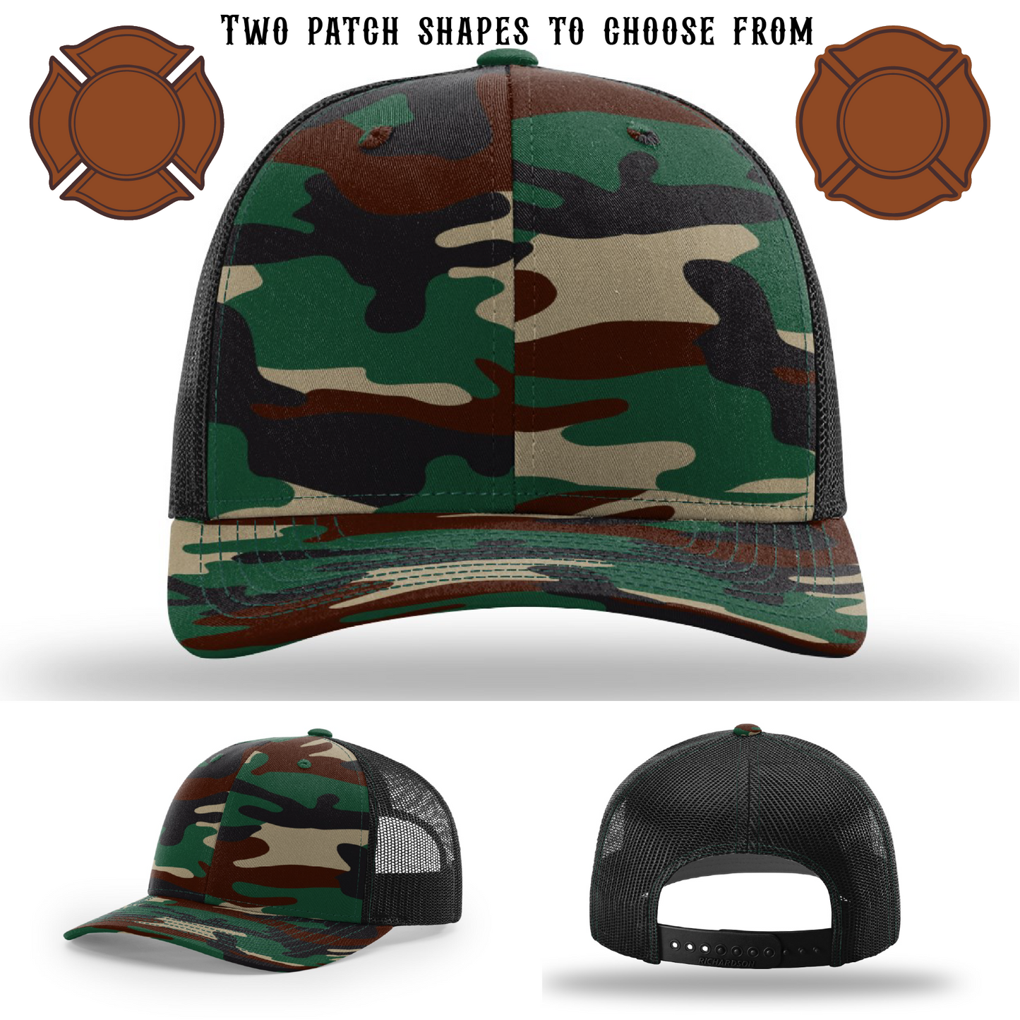 Custom firefighter hat displayed with two patch choices
