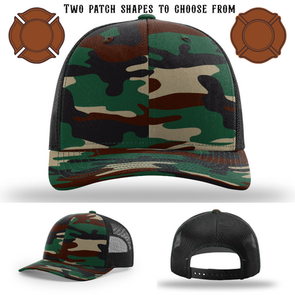 Custom firefighter hat displayed with two patch choices