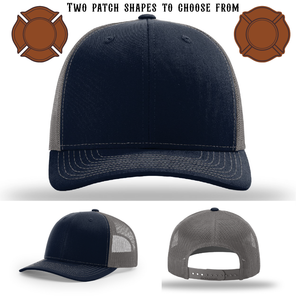 Firefighter hat blank shown with two patch examples