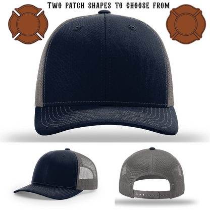 Firefighter hat blank shown with two patch examples