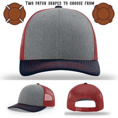 Custom firefighter hat blank base featuring two patches
