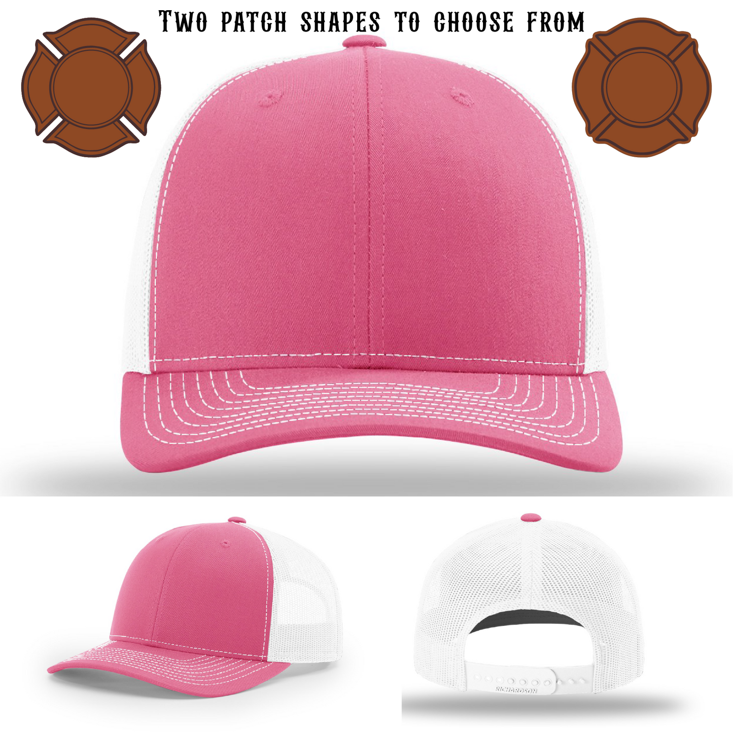 Firefighter hat displayed blank with two patch shapes
