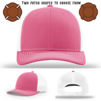 Firefighter hat displayed blank with two patch shapes
