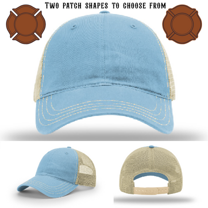 Blank firefighter hat with two customization patch examples