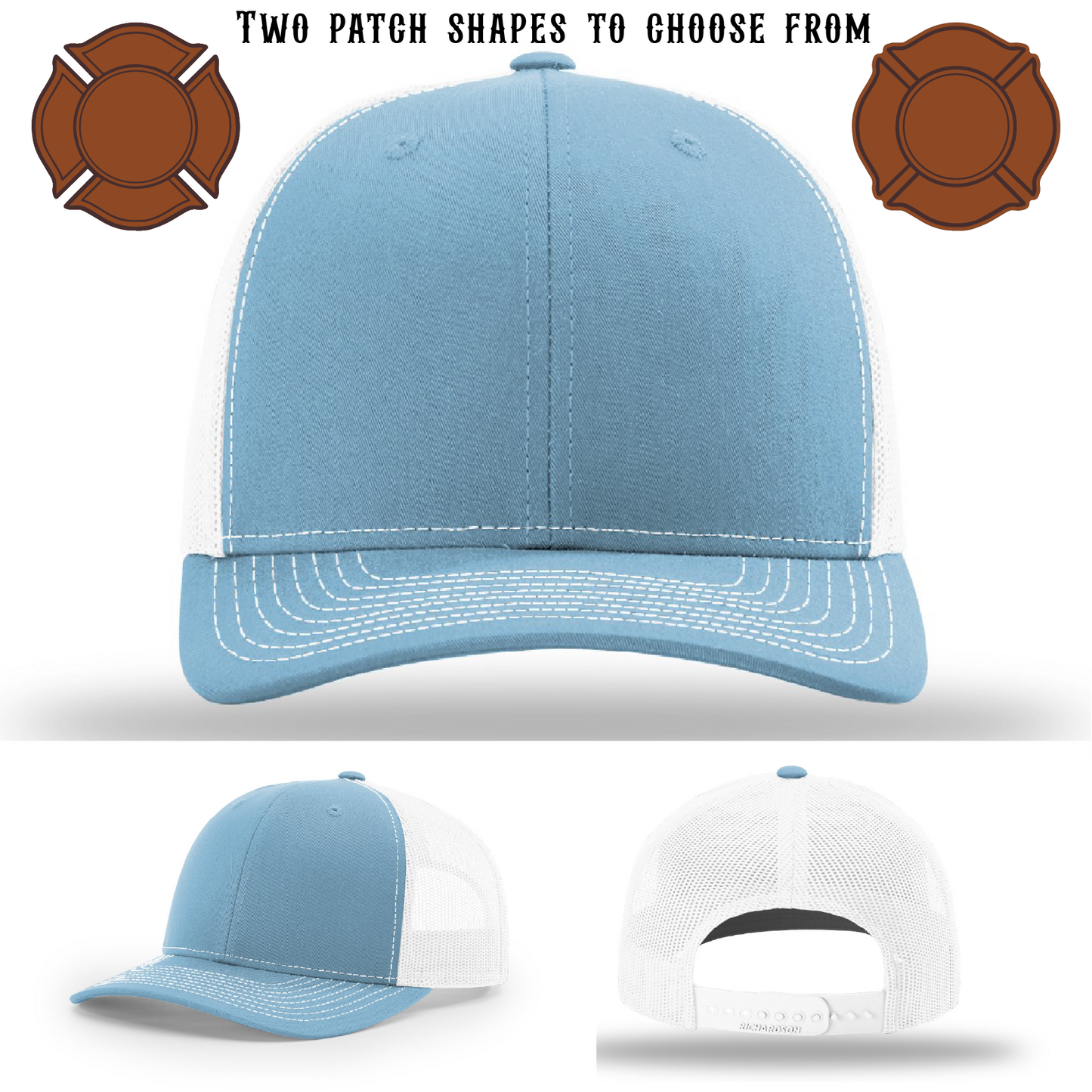Custom firefighter hat showing two leather patch designs