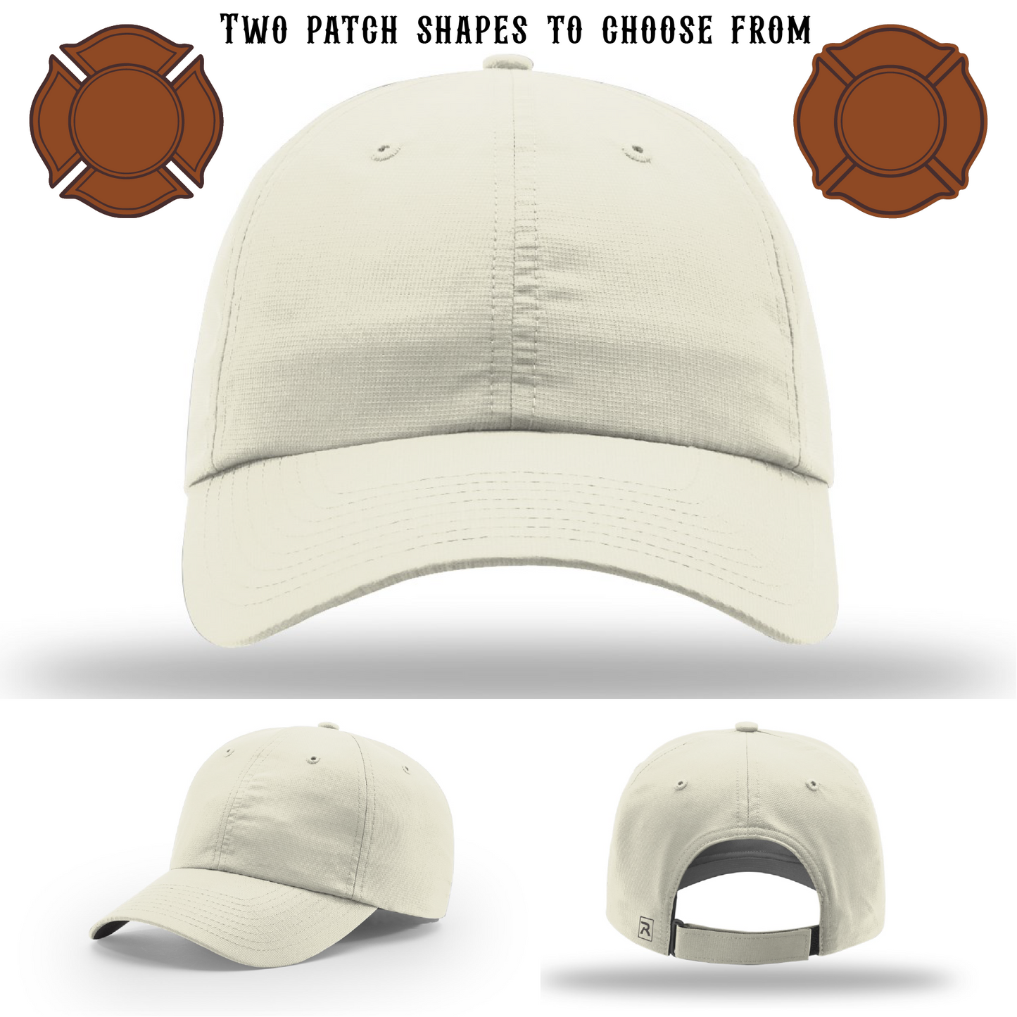 Blank firefighter hat featuring two example patch shapes