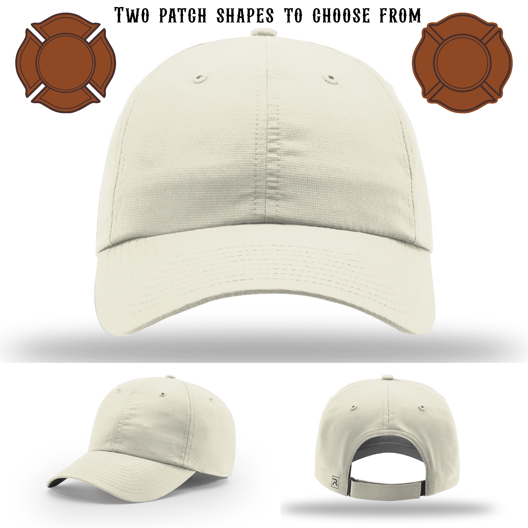 Blank firefighter hat featuring two example patch shapes